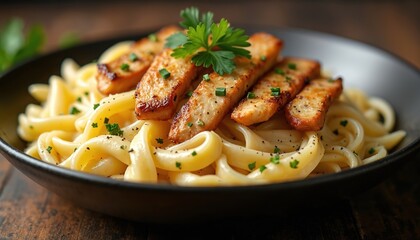 Pasta fettuccine with grilled chicken in black bowl on wooden table. Chicken breast strips cooked golden brown and garnished with parsley and herbs. Creamy fettuccine pasta served in dark bowl.