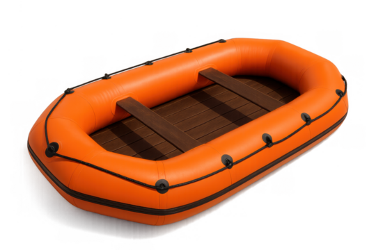 Orange inflatable boat dinghy with wooden floor and seats on transparent background, symbolizing rescue and adventure