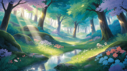 Enchanted forest illustration with glowing sunlight filtering through vibrant magical trees
