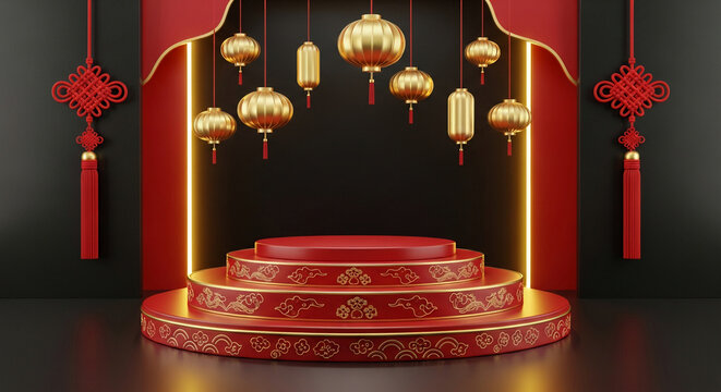 Luxurious Chinese New Year Product Display Stage: Red Pedestal Podium with Golden Lanterns and Traditional Knots on a Dark Background