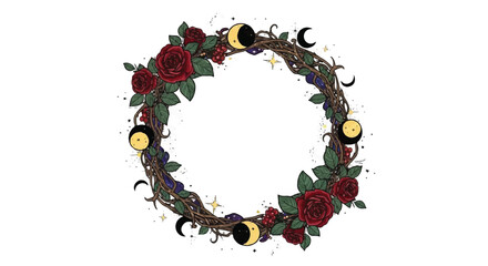 Dark Romantic Floral Wreath with Moon Stars