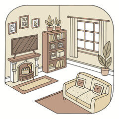 Cozy Living Room Illustration: A charming, inviting living room illustration, with a comfortable sofa, bookshelves, fireplace, and potted plants, creating a warm, domestic atmosphere. 