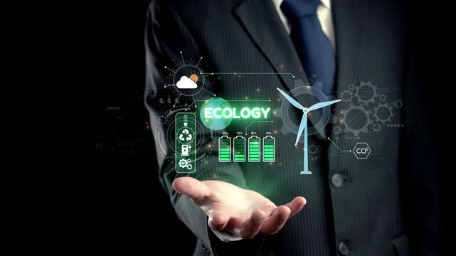 A businessman showcases digital graphics representing ecology and renewable energy. Elements like wind turbines and battery icons emphasize modern sustainability initiatives. Qubit