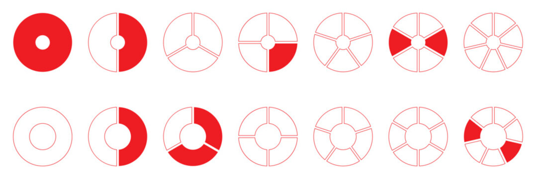 Circles divided diagrams on from 1 to 12 equal parts. Segments wheel round divide infographic. Coaching blank template. Graph pie, pizza shape section charts simple yellow icons.