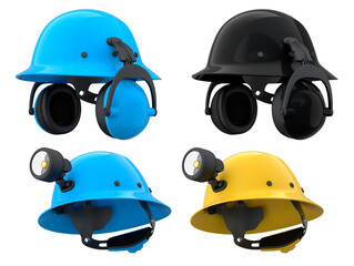 Protective helmets with mounted LED headlamps isolated on white background with clipping path, safety construction equipment
