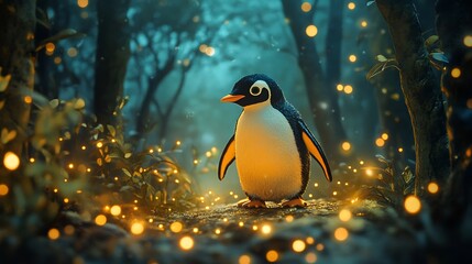 Stuffed penguin walking through a magical glowing forest