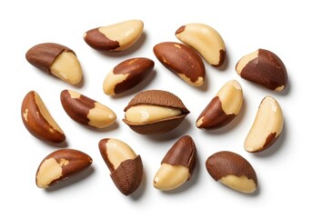 Obraz premium Pile of nutritious and delicious brazil nuts isolated on white background, a healthy snack and source of essential nutrients