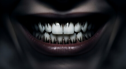 A close-up of a menacing mouth with sharp, pointed teeth and dark lips, creating a horror aesthetic.