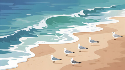 Ocean beach illustration with seagulls standing on the sand as waves gently break on the shore