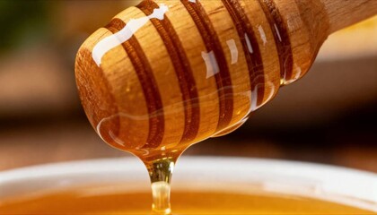 honey dripping slowly from wooden dipper, macro, golden lighting