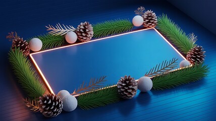 Christmas frame with pine cones and snowballs