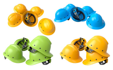 Set of construction safety helmets isolated on white transparent background, symbolizing safety and industry standards