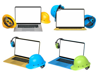 Laptops with blank screens surrounded by construction helmets, isolated on white background with clipping path, workplace safety