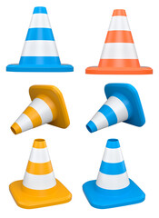 Traffic safety cones with white stripes, isolated on white background with clipping path. Concept of road safety equipment