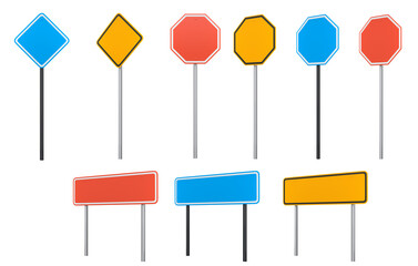 Blank traffic signs with different shapes and colors on metal poles on white background with clipping path, concept of road safety