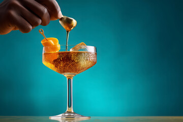 Crafting a stunning cocktail with golden syrup, showcasing vibrant colors and a sophisticated presentation for upscale bars and mixology enthusiasts