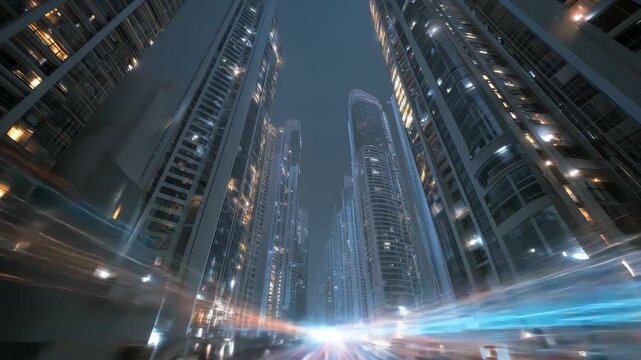 Fiber optic light trails create a vivid connection among towering skyscrapers in a bustling city at night demonstrating advanced communication technology