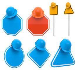 Blank traffic signs with different shapes and colors on metal poles on white background with clipping path, concept of road safety