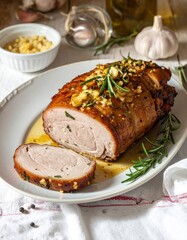 Roasted Pork Loin with Mustard and Rosemary on Platter.