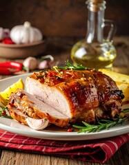 Roasted Pork Loin with Garlic and Rosemary on Rustic Wooden Table.
