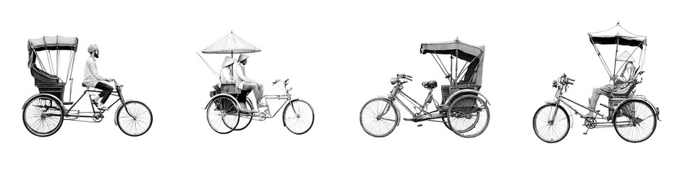 Obraz premium Vintage Cycle Rickshaw Collage: Black and White Transportation Set on White