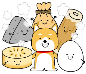 ホカホカおでんに囲まれてうれしそうなしばいぬ