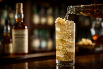 Pouring bubbly ginger beer into an elegant cocktail with candied ginger garnish at a stylish bar for a refreshing, sophisticated drink experience