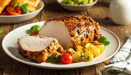 Roasted Pork Loin with Pineapple and Cherry Tomato Garnish.