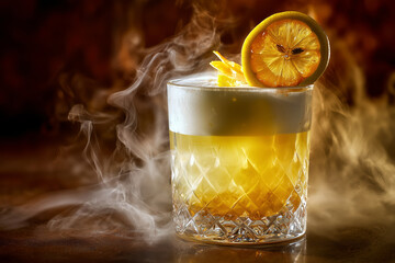 Indulge in a vibrant whiskey sour cocktail with lemon garnish and mesmerizing smoke, perfect for upscale bar promotions and sophisticated events