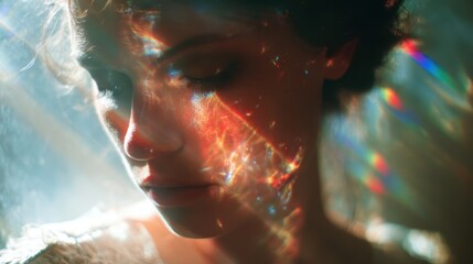 Soft light reflects on a woman's face, creating colorful patterns and enhancing her serene expression in an intimate indoor setting