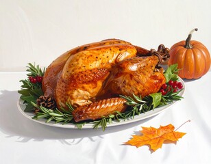 Roasted Thanksgiving Turkey on Platter with Festive Autumn Decorations.