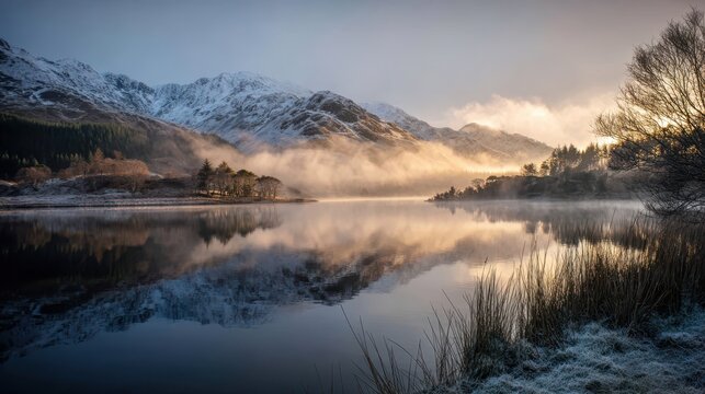 Calm winter morning at the lake with mist, mountains, and reflections in the water in the Scottish Highlands - Powered by Adobe