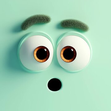 Carita animada en color menta con ojos grandes y expresivos mirando sorprendida. Fotograma de un video donde el personaje parece hablar. Estilo 3D limpio y minimalista.