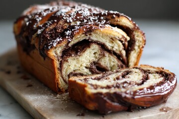 Chocolate Swirl Bread Loaf with Chocolate Glaze and Coconut Flakes chocolate bread babka