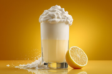 Refreshing lemon drink with creamy foam and citrus splash, perfect for summer menus and vibrant beverage promotions on a sunny yellow backdrop