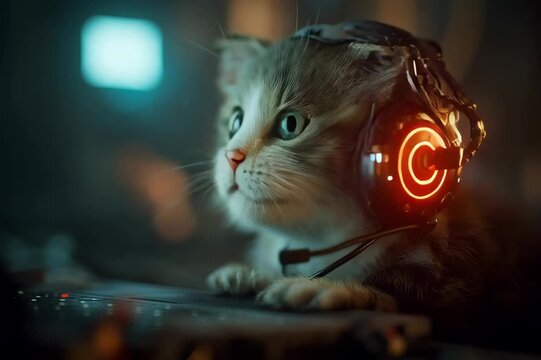Gatito con auriculares futuristas iluminados mientras mira una pantalla, en ambiente tecnol&oacute;gico y luces ne&oacute;n.