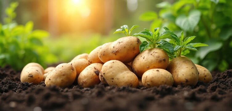 Potatoes growing in garden soil. Fresh organic vegetables at farm. Harvest of raw potatoes at field. Farming agriculture product. Healthy food concept.