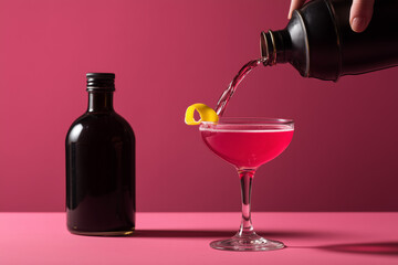 Pouring a vibrant pink cocktail with a lemon twist into a coupe glass, perfect for happy hour and celebrations, set against a modern pink backdrop