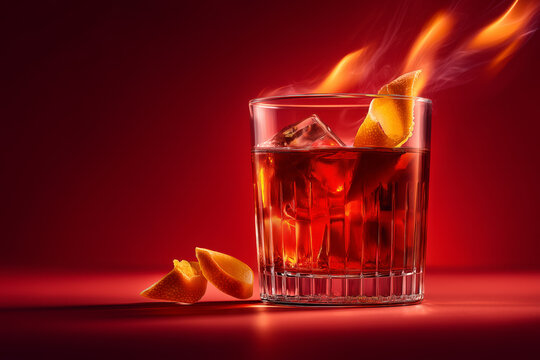 Savor the Flavor of a Fiery Old Fashioned Cocktail with Ice and Orange Peel on Red Background, Perfect for Upscale Bar Promotions and Drink Menus