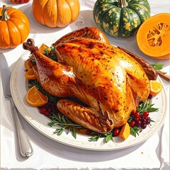 Roasted Thanksgiving Turkey with Pumpkins and Orange Slices.