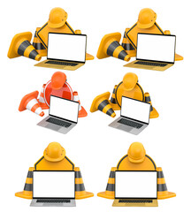 Laptops with blank screens surrounded by construction helmets, cones and warning signs on white background with clipping path