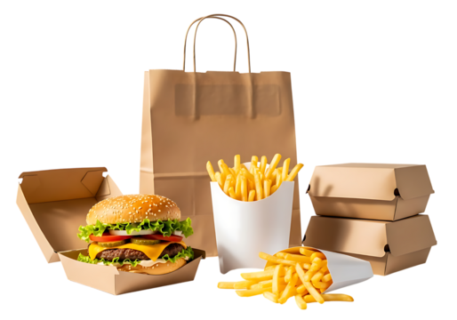 Delicious fast food meal with burger fries and takeout bag isolated on transparent background