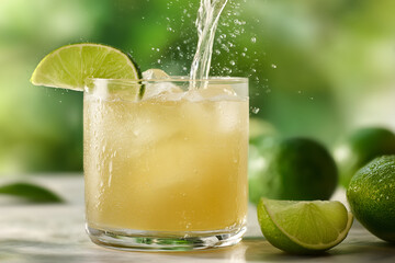 Refreshing lime beverage being poured over ice for a cool summer drink, perfect for hot days and happy hours with fresh citrus flavors