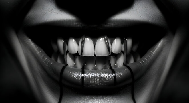 Close-up black and white image of a mouth with dark lines resembling stitches or threads over the lips and teeth, creating an unsettling and eerie effect.