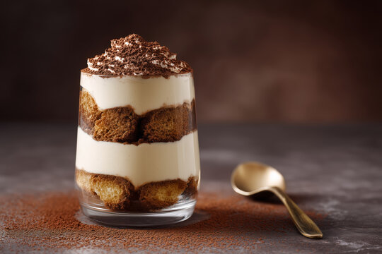 Indulge in a luscious tiramisu dessert in a glass with a golden spoon, perfect for showcasing culinary delights and sweet temptations