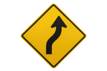 Yellow warning road sign indicating a winding curve ahead, with an arrow showing the direction of traffic flow