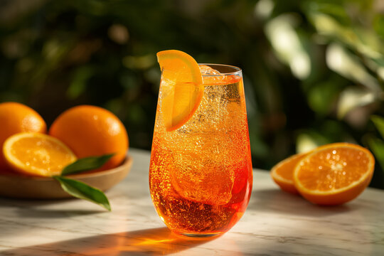 Refreshing Aperol spritz cocktail with orange slice, perfect for summer happy hour or poolside relaxation with friends, vibrant, elegant and delicious - Powered by Adobe