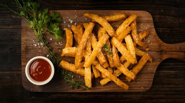Crispy golden french fries served with ketchup on a wooden board