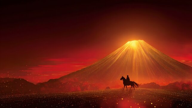 Mystic Red Fuji with Horse Silhouette New Year Art
