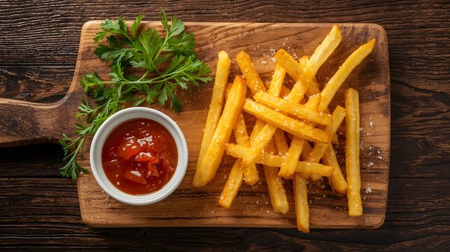 Crispy golden french fries served with ketchup and parsley on a wooden board - Powered by Adobe